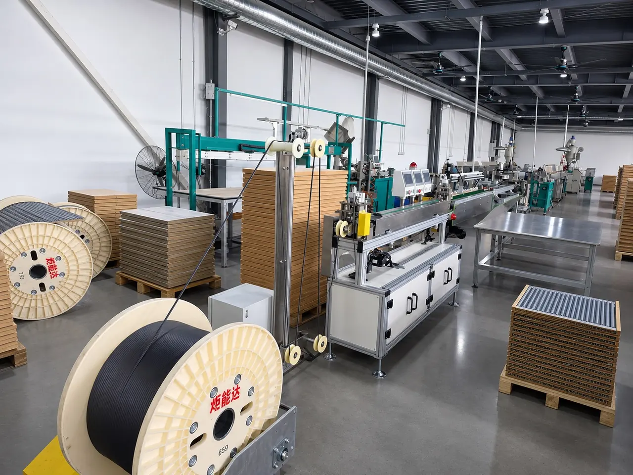 Factory extrusion line with gasket profile reels and production equipment